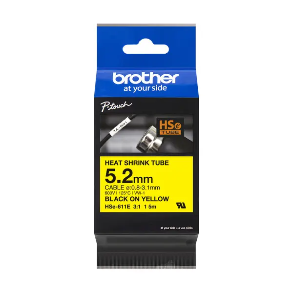 Brother兄弟牌 HSe-611E 熱縮套管標籤帶 黃底黑字 5.2mm